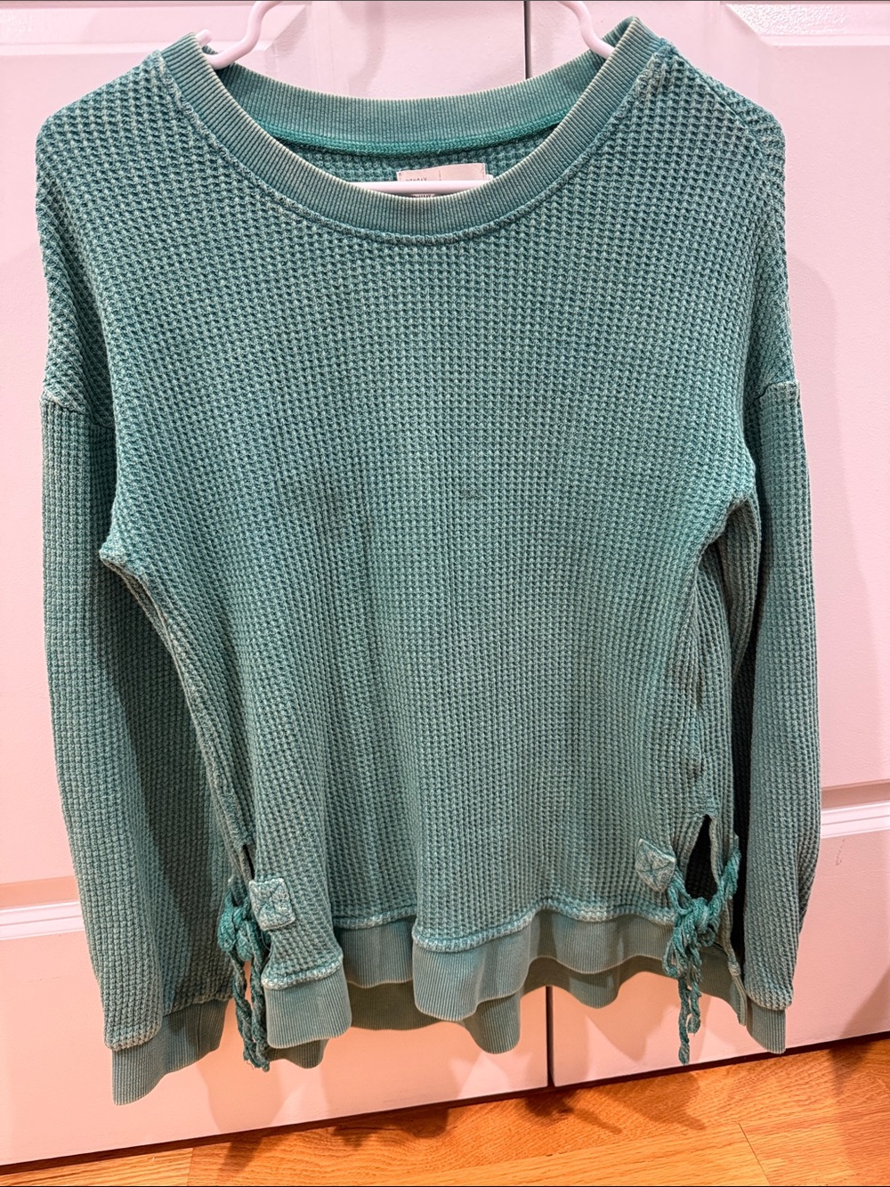 Anthropologie Seafoam Green Waffle Knit Side-Tie Sweatshirt